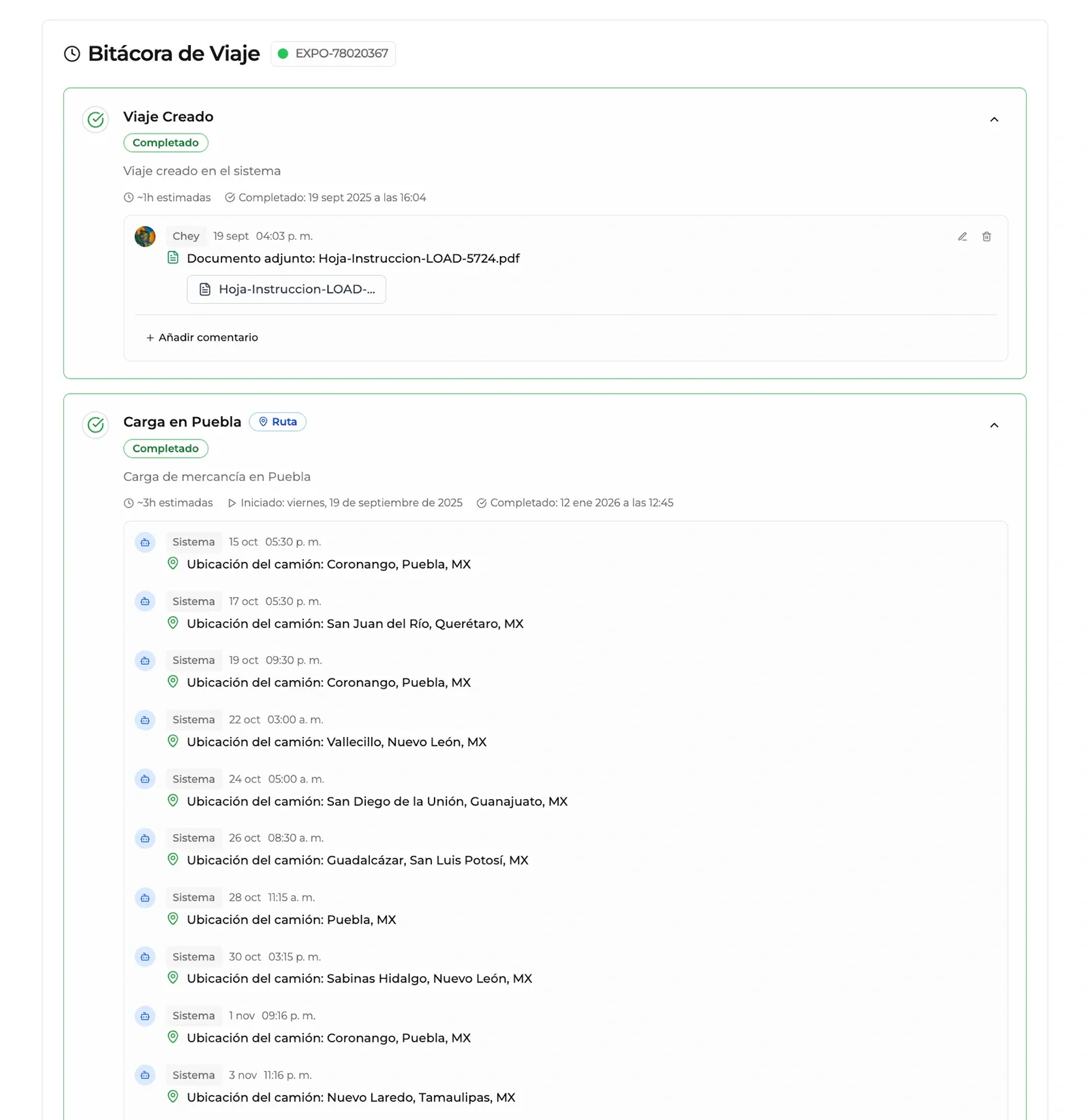 Bitácora con adjuntos y actualizaciones GPS.