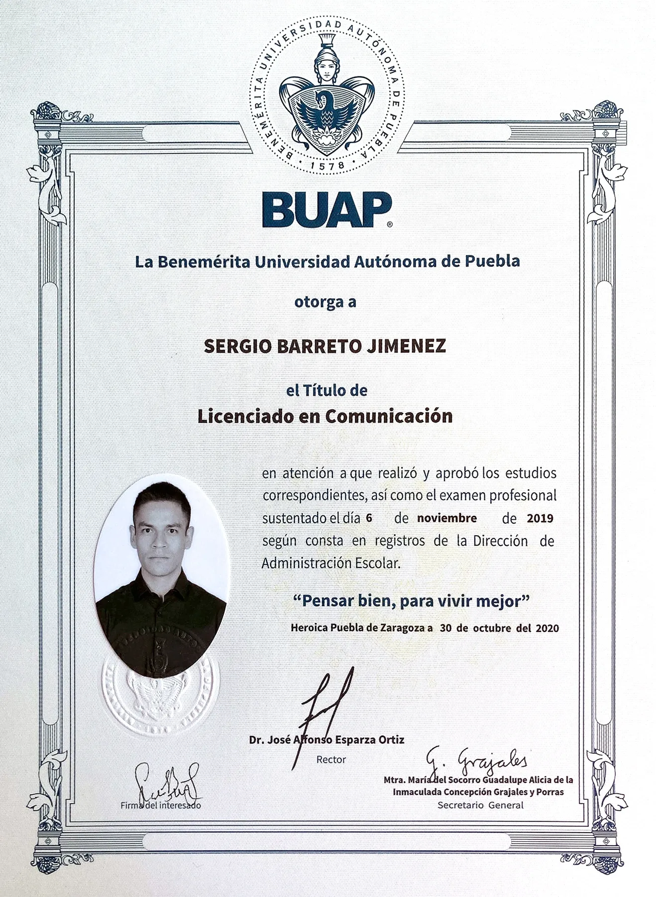 Certificado BUAP Licenciatura en Ciencias de la Comunicación