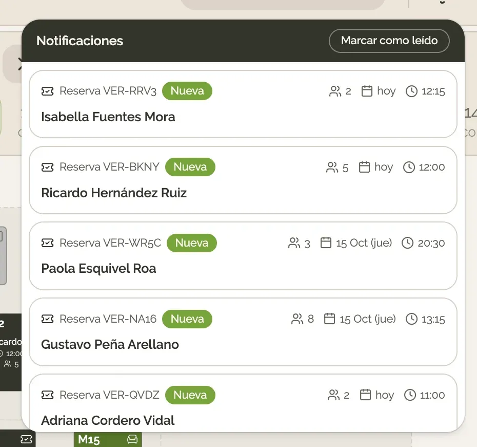 Panel de notificaciones con reservas nuevas del sitio web.