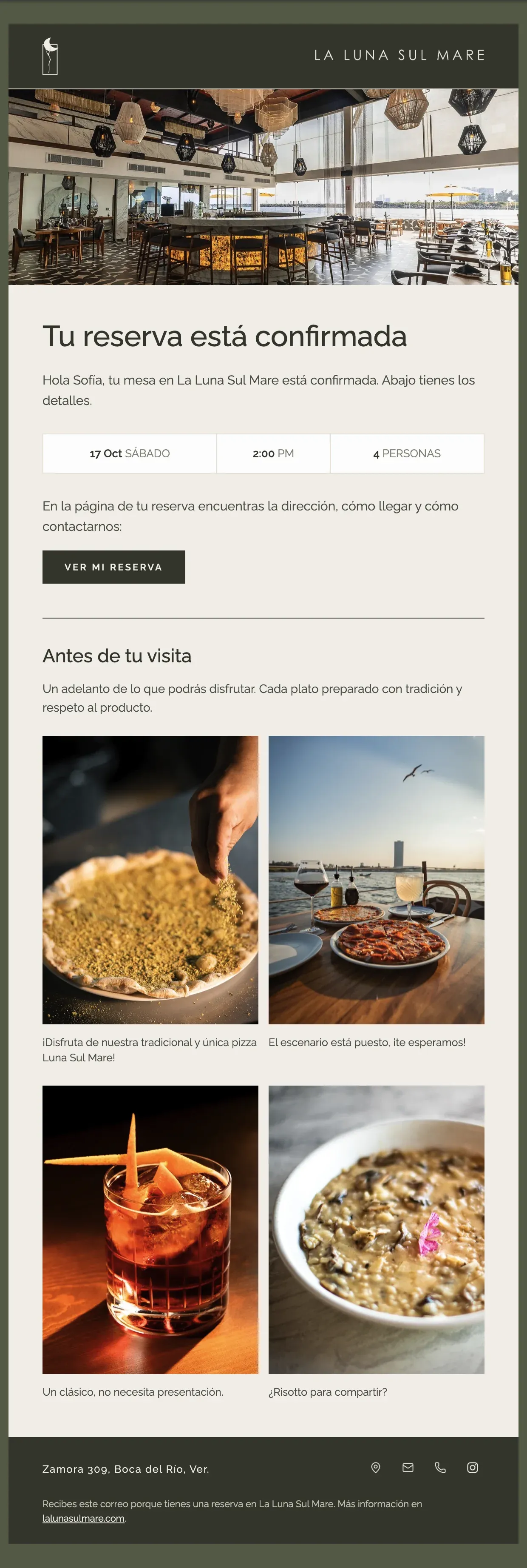 Correo de confirmación de la reserva con fecha, hora, número de personas y botón para ver la reserva.