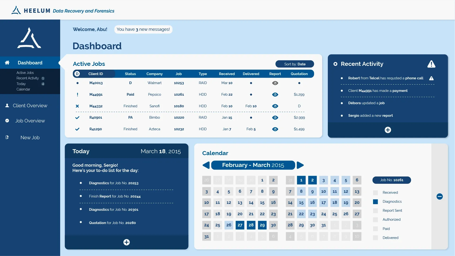 La pantalla principal del software administrativo diseñado para Heelum Data Recovery.
