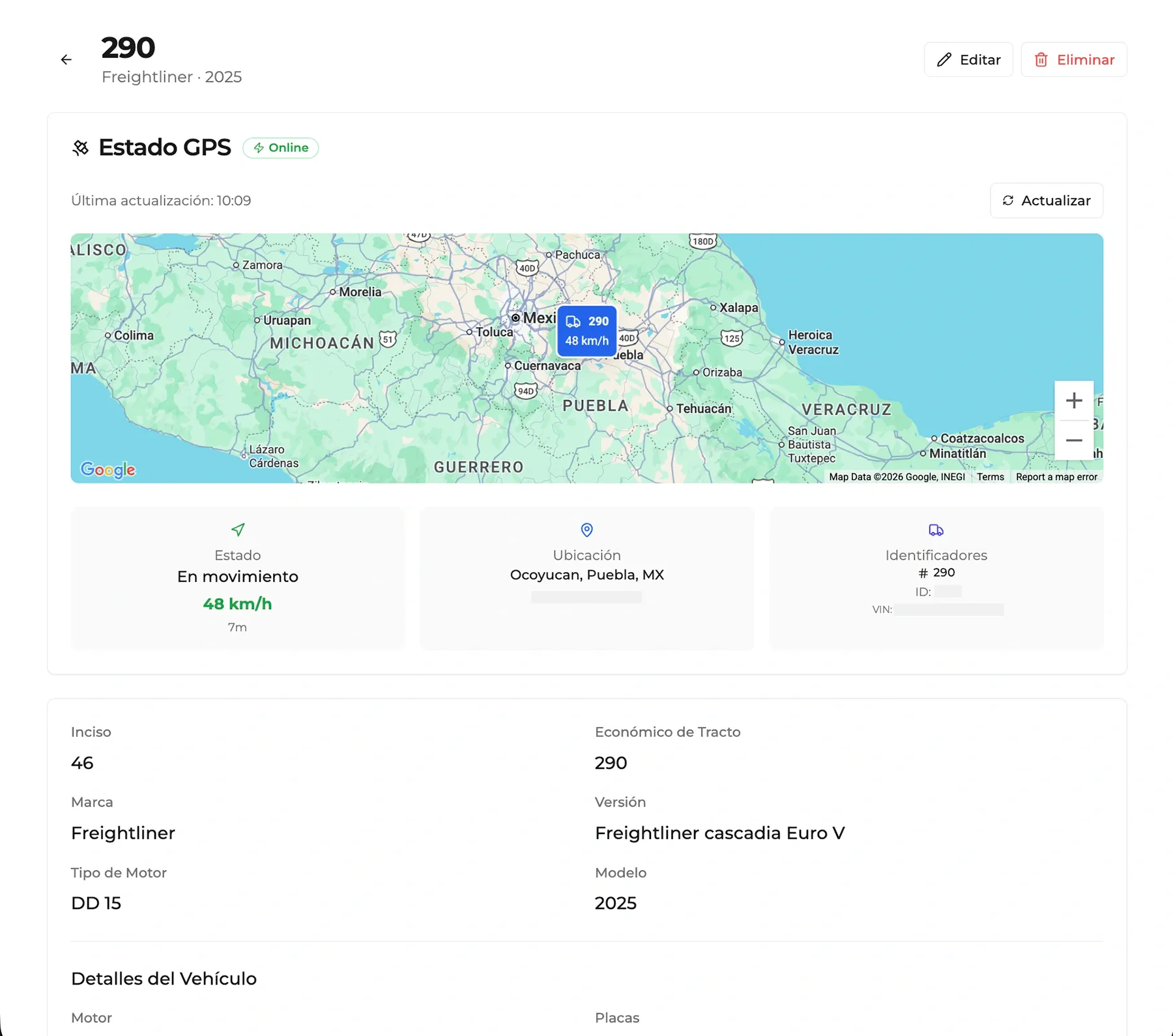 Detalle de camión con información de GPS.