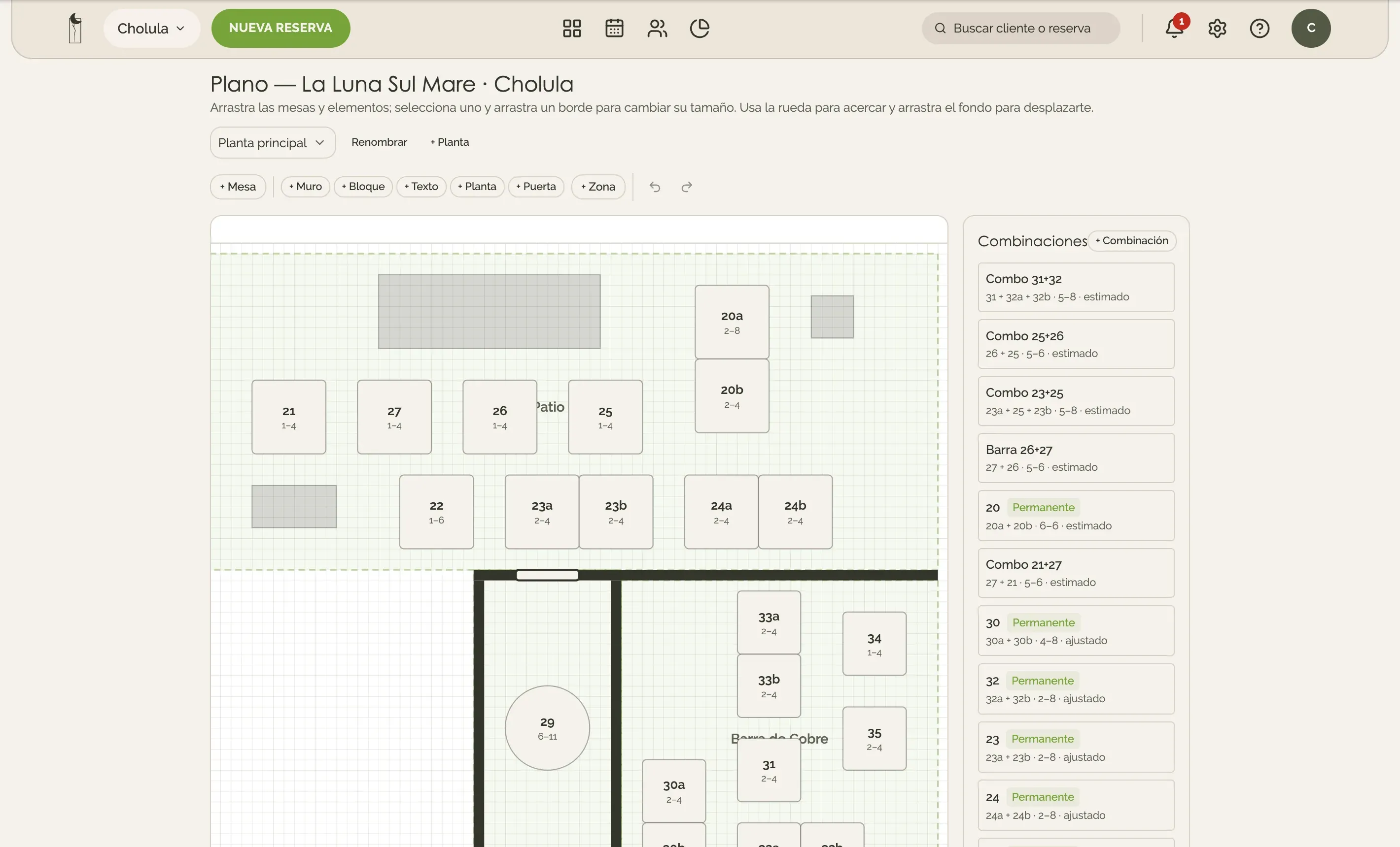 Editor del plano de una sucursal con mesas, zonas y combinaciones.