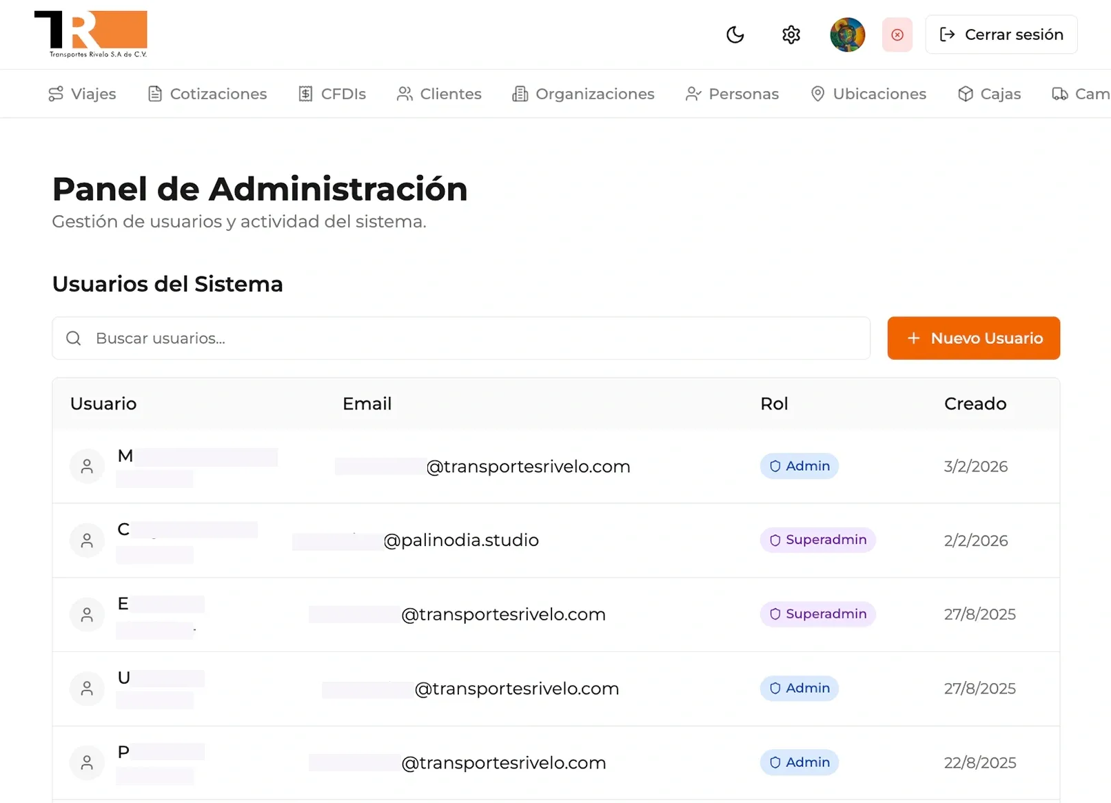 Lista de usuarios y roles del sistema.