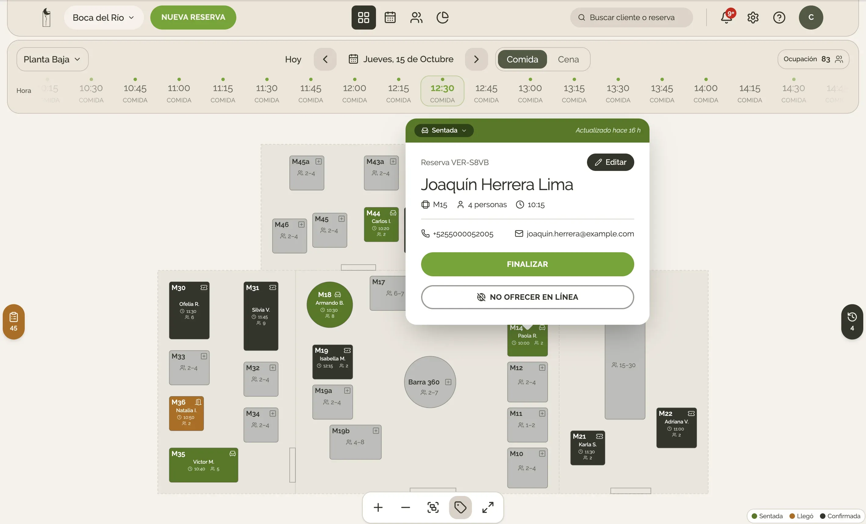 Menú de una mesa con cliente sentado: botón Finalizar.