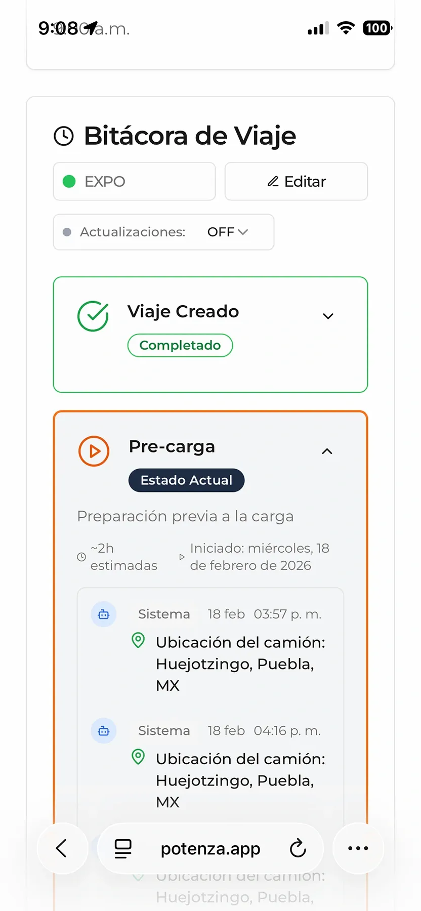 Bitácora del viaje en vista móvil.