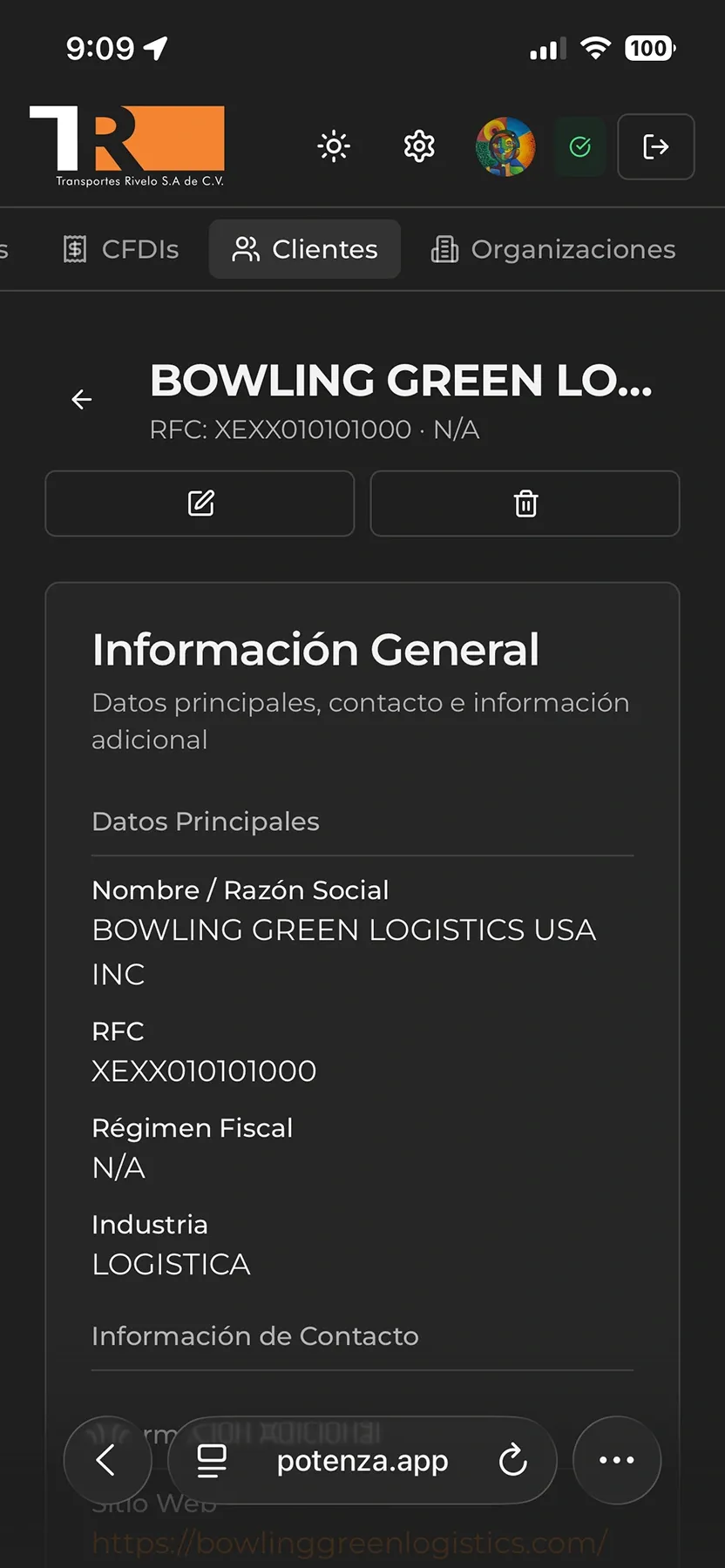 Detalle de cliente en vista móvil.