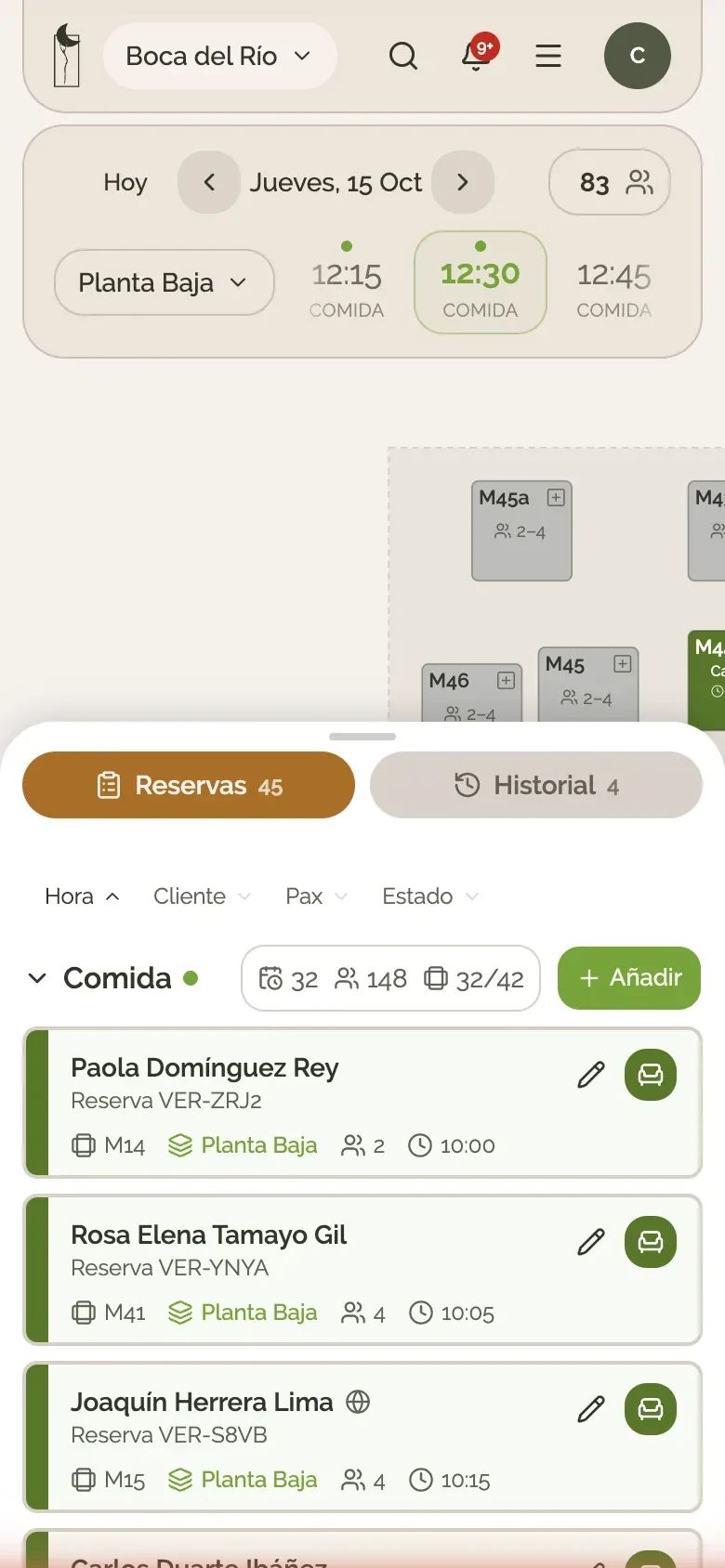 Vista del día en celular con el cajón de reservas abierto.