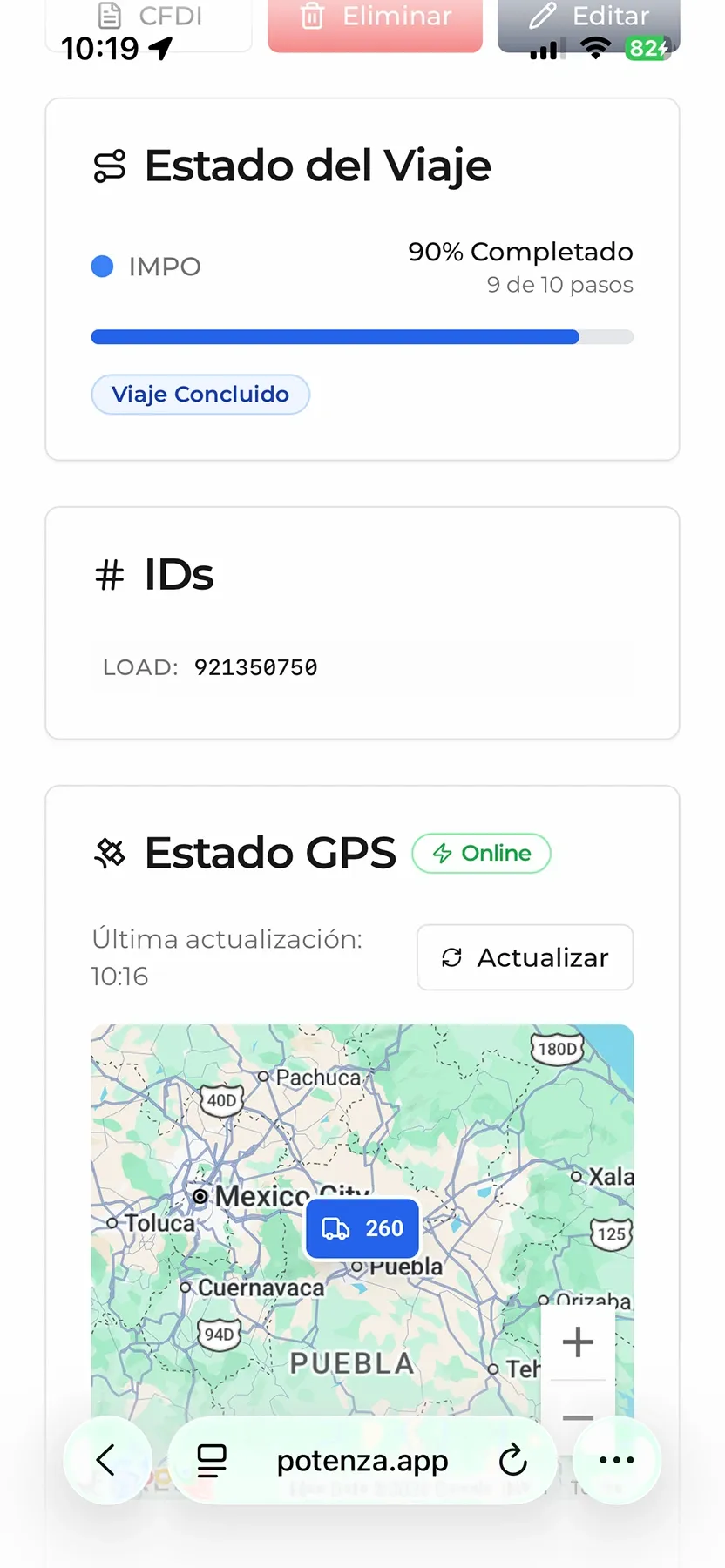 Detalle de viaje con GPS en vista móvil.