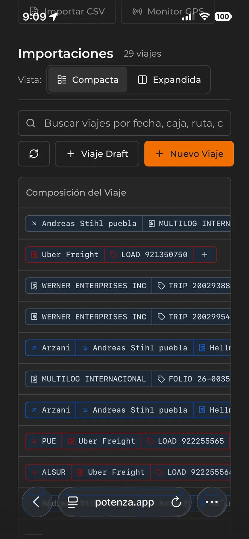 Lista de viajes en vista móvil.