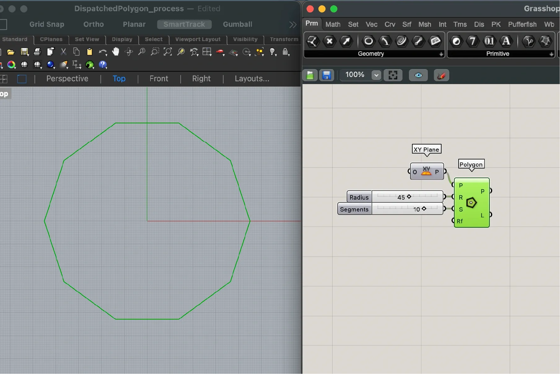 Polígono base configurado con sliders en Grasshopper