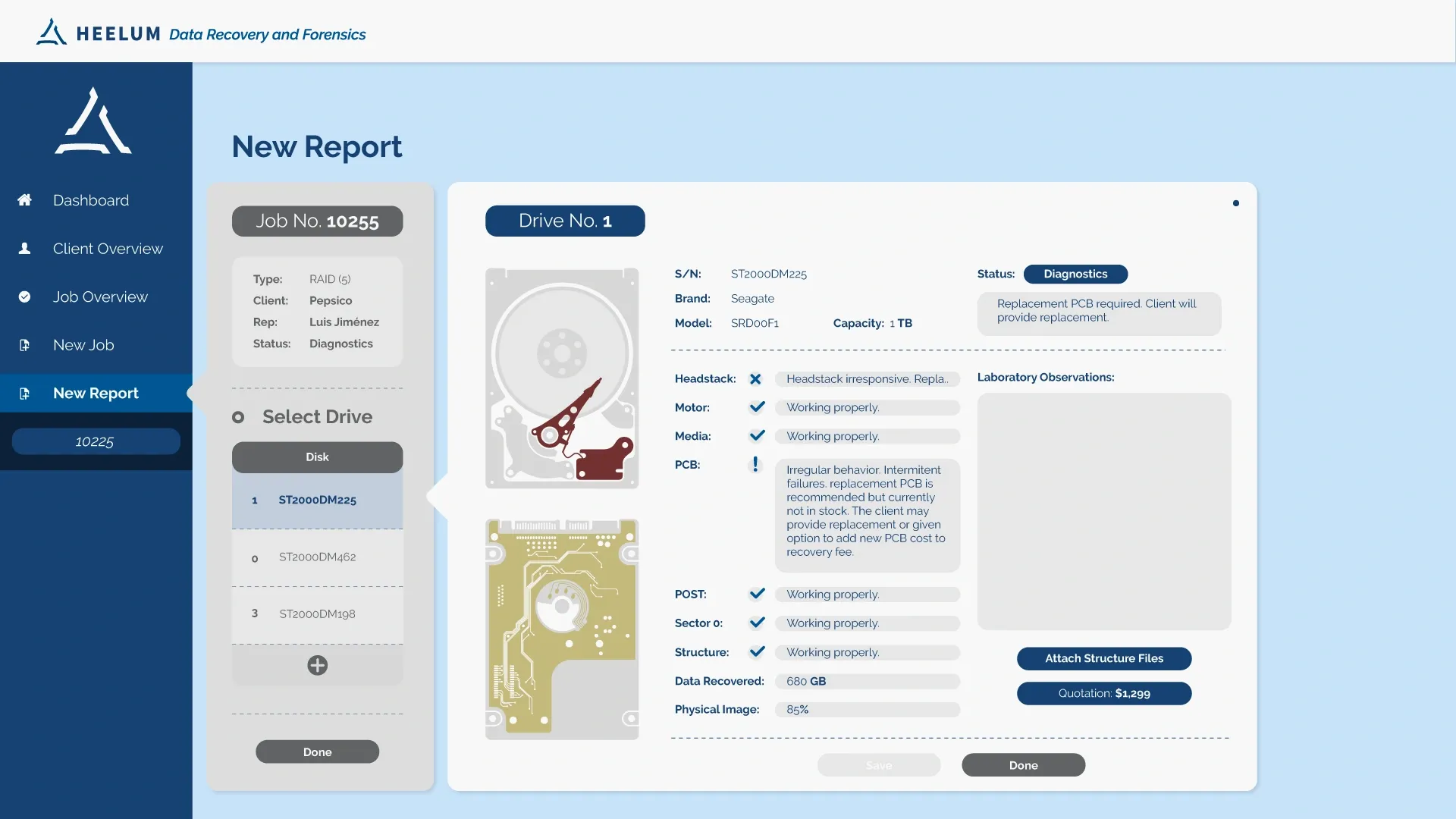 La pantalla principal del software administrativo diseñado para Heelum Data Recovery.