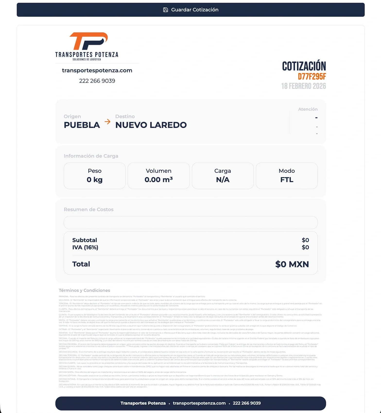 Vista previa de una nueva cotización.