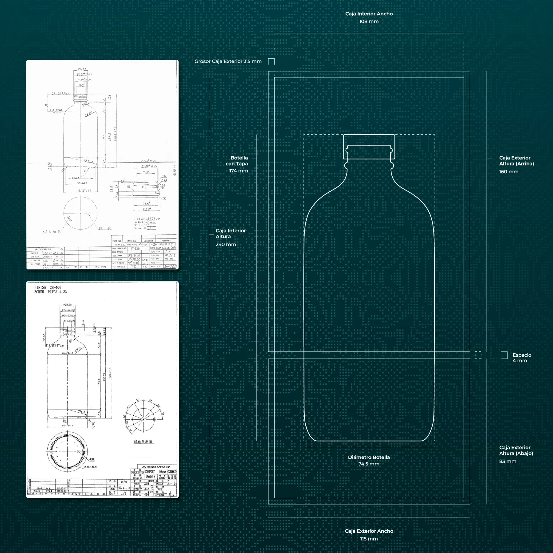 Dimensiones derivadas de especificaciones del fabricante