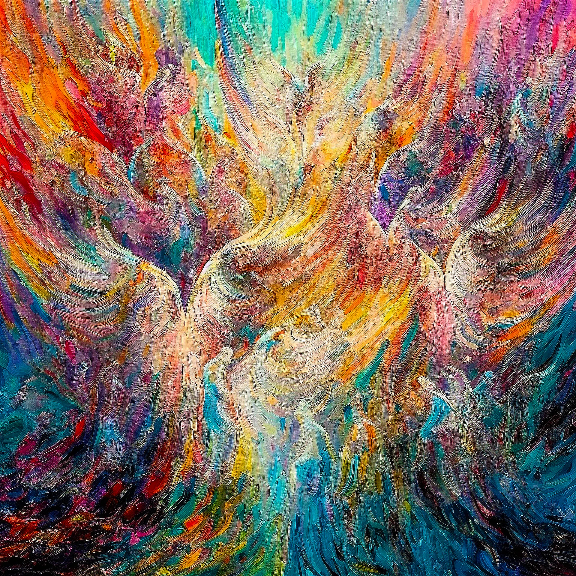 Arte digital explorando el concepto de ángel como mediador dimensional