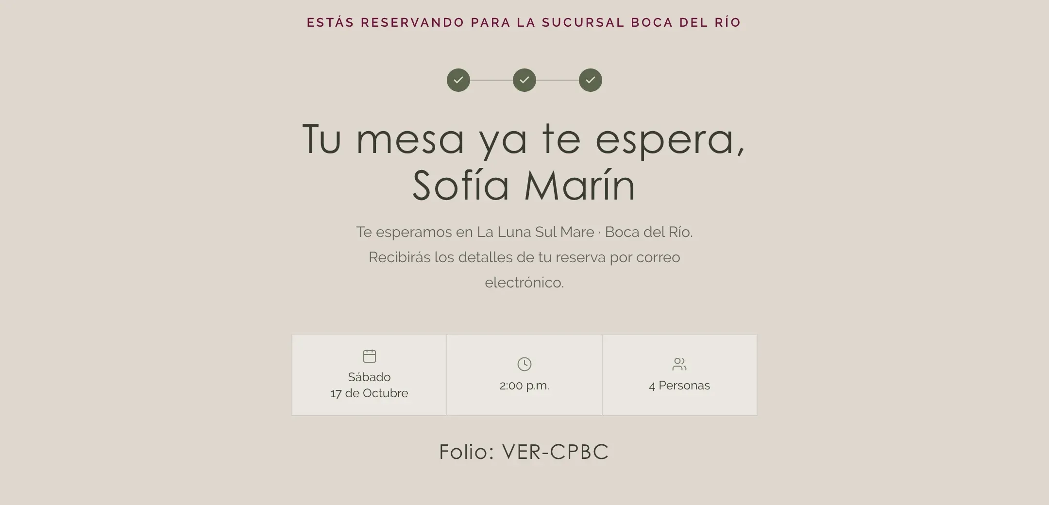 Pantalla de confirmación de la reserva con folio.