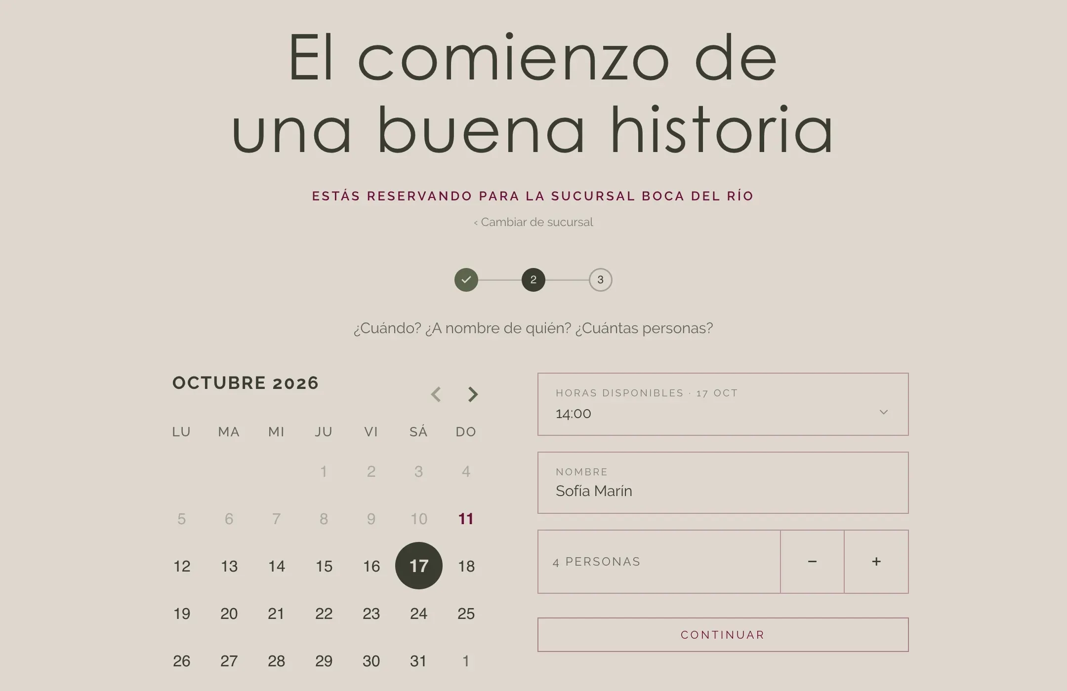 Paso 2 de la reserva en línea: calendario, hora, nombre y número de personas.