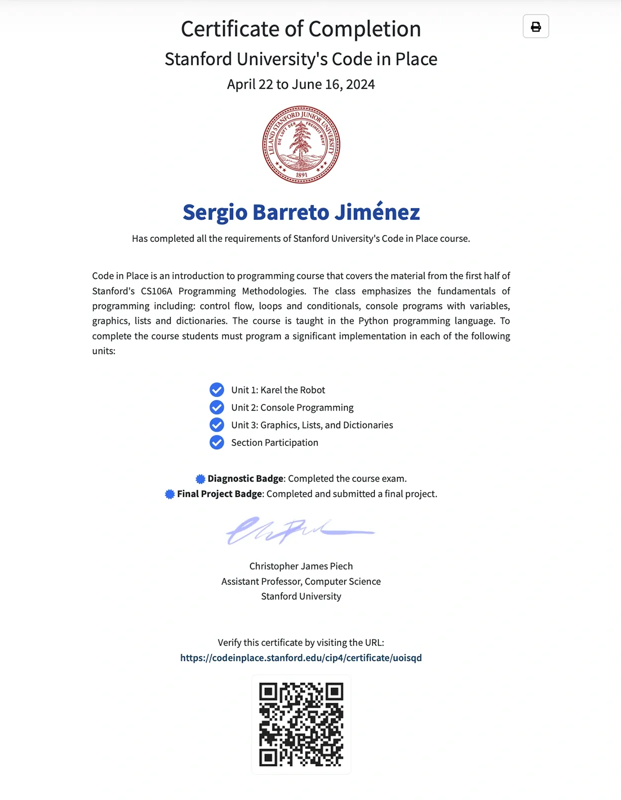 Certificado Stanford Code in Place