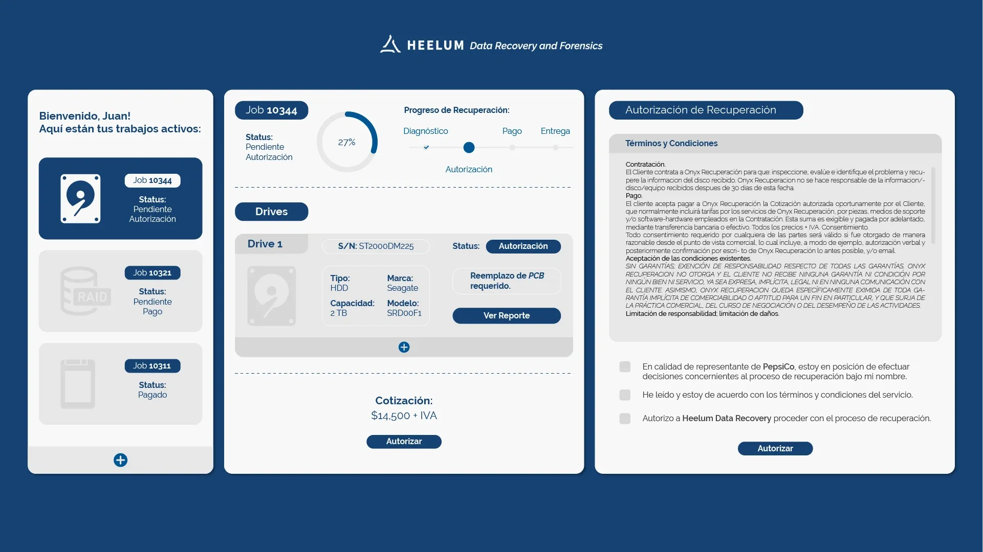 El proceso de aprobación es sencillo e intuitivo, permitiendo al cliente revisar los detalles del reporte y aprobar la cotización con un solo clic.