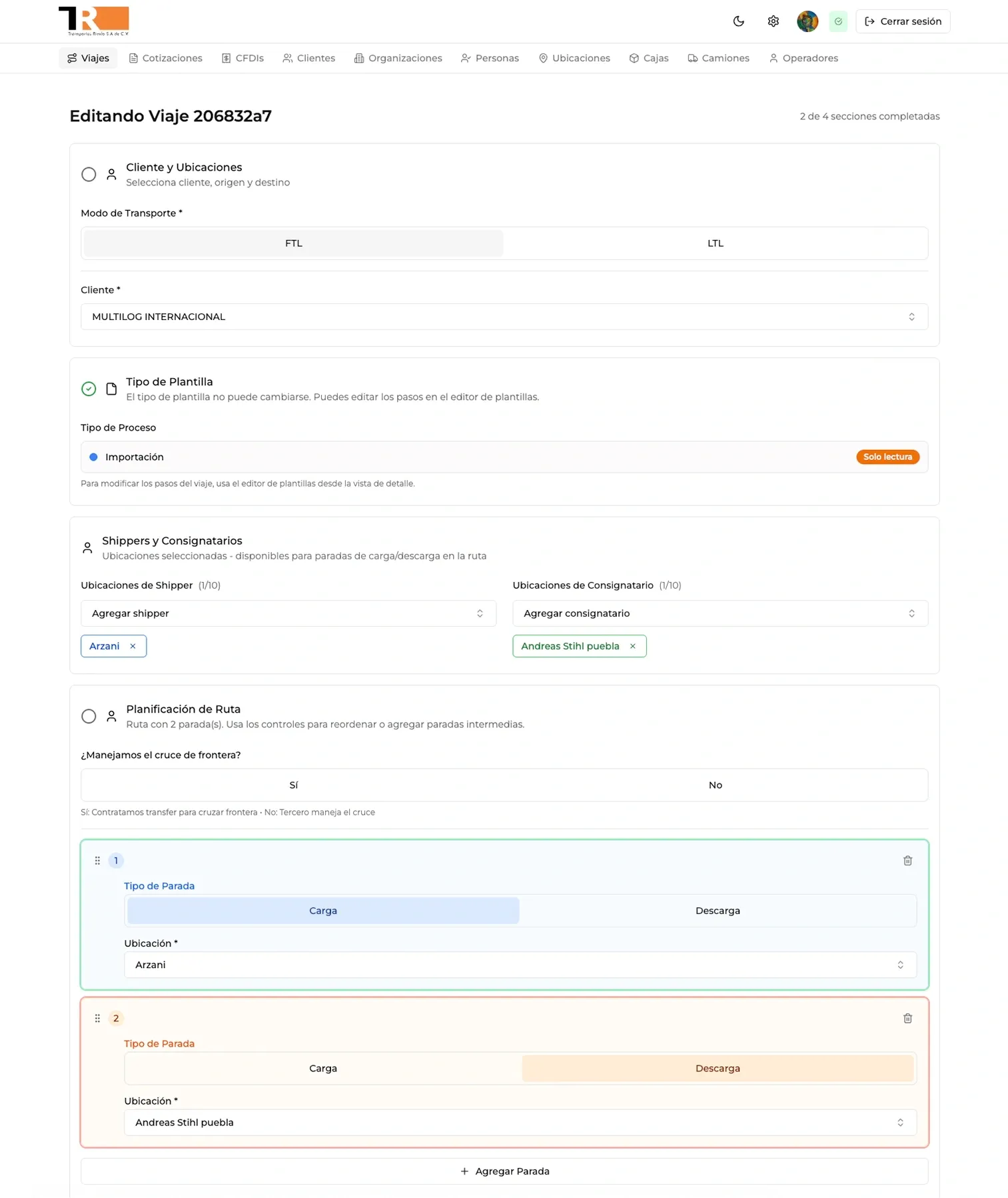 Edición de formulario de viaje, estado 1.