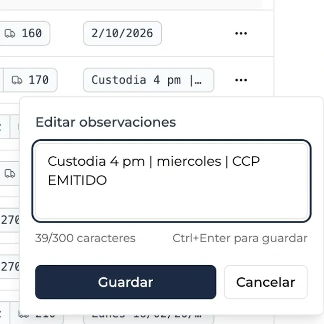 Captura de observaciones dentro del viaje.