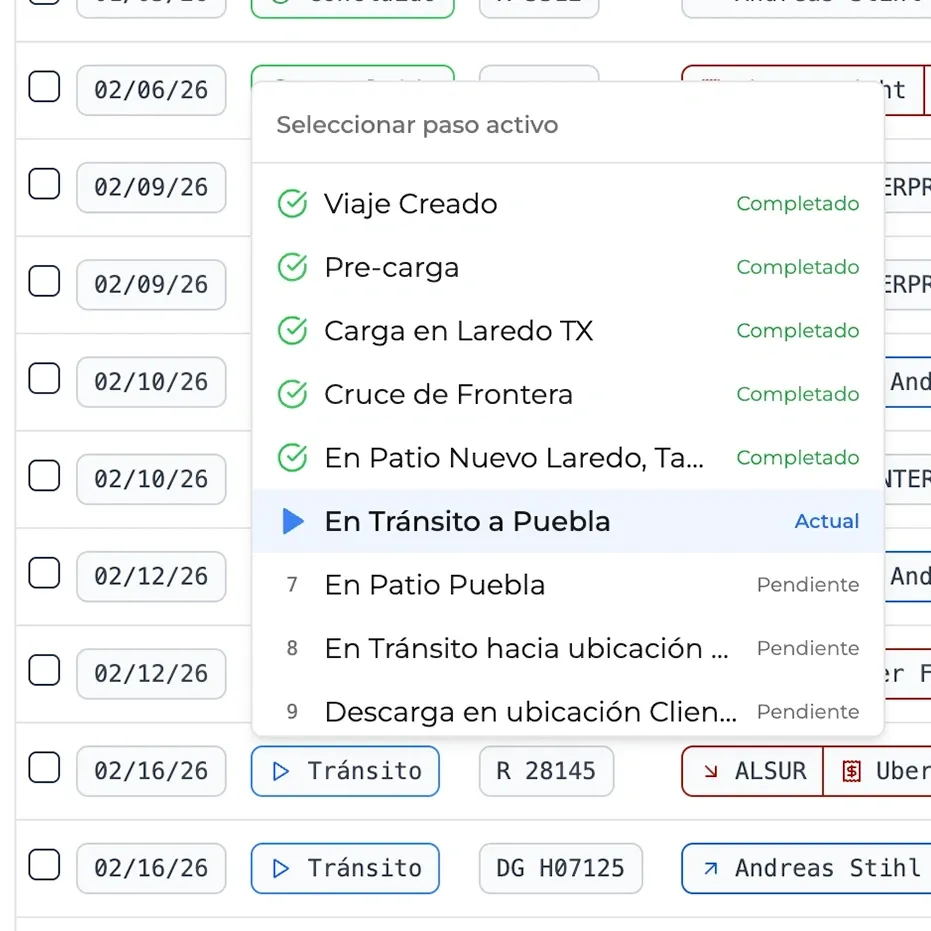 Selector de pasos dentro de la lista de viajes.