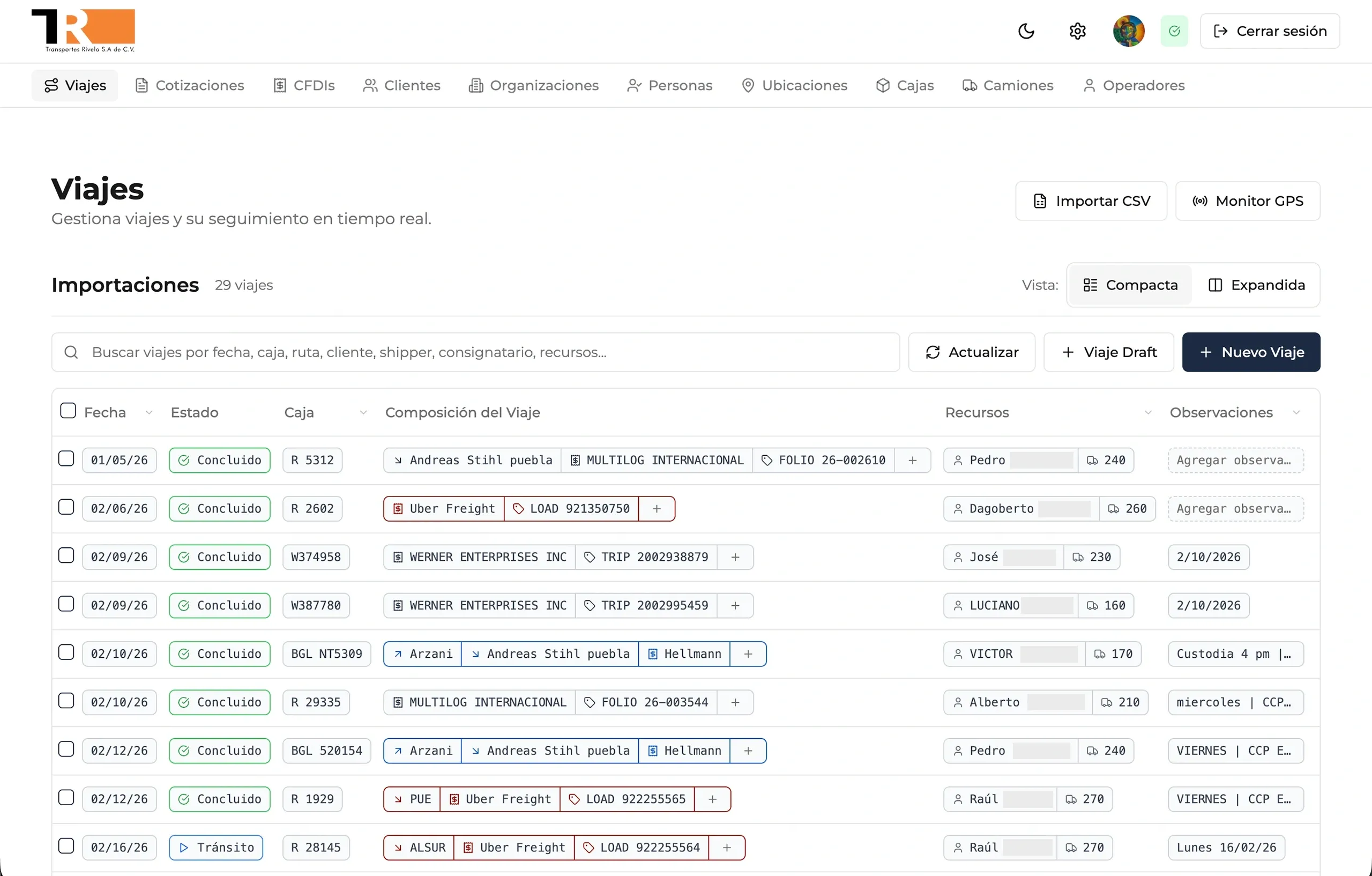 Pantalla principal del módulo de viajes en Potenza.