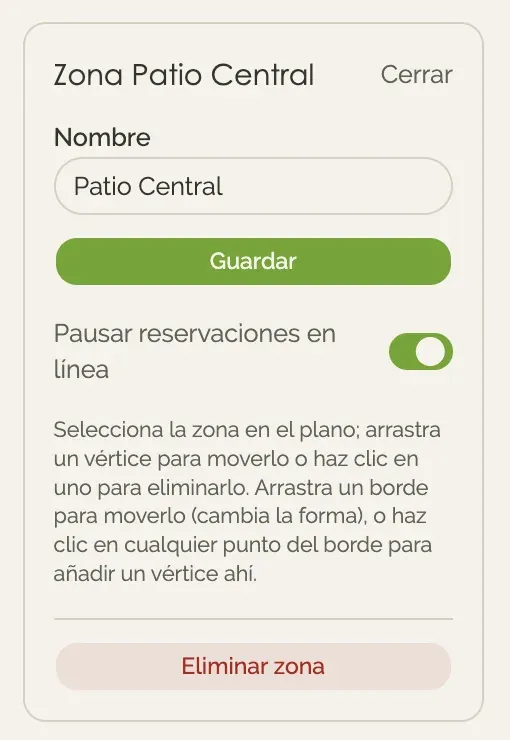 Editor del plano con el panel de una zona y el interruptor para pausar reservaciones en línea.